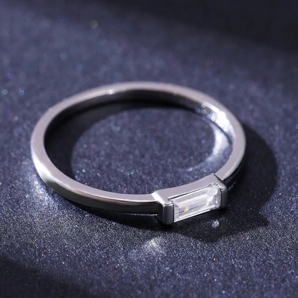 Minimalist Emerald Cut Gem Rectangle Sterling Silver Stacking Ring - Picture 12 of 15